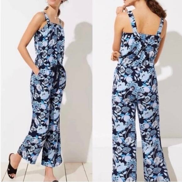 Ann Taylor Loft Jumpsuit Size 8 Blue Floral Print Square Neck Boho Casual Rayon - Picture 16 of 16